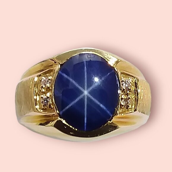 14K Solid Yellow Gold Signet Ring Size 9 Blue Star Sapphire Diamonds 7grams